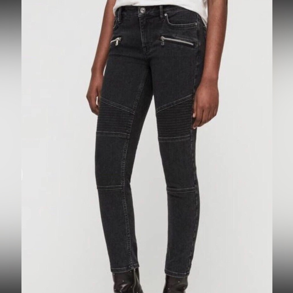 All Saints Grace Biker Charcoal Skinny Jeans with Zip Detail